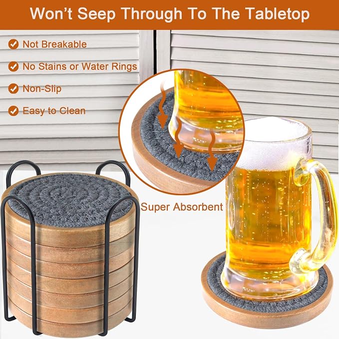 Wood Coasters for Drinks, Eykao Absorbent Coaster Sets of 8, Woven Drink - Image 2