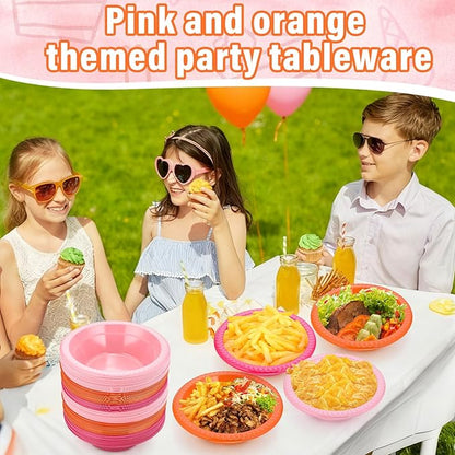 Layhit 100 Pcs Pink and Orange Disposable Plastic Bowls 12 oz Sunset Tropical Soup Dessert Salad Bowl Candy Snack Bowls Serving Supplies for Holiday Birthday Party Picnic
