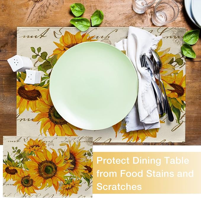 Seliem Fall Sunflower Placemats Set of 4, Spring Summer Yellow Floral | Flowers - Image 5