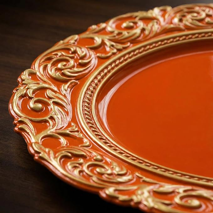 Orange Charger Plates with Gold Embossed Rim, 13 Inch Plastic Charger - Image 7