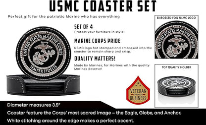 USMC Leather Coaster Set - 4 Premium Coasters with Hot Stamped Foil US Marines EGA Logo - Marine Corps Gift | USMC Leather Coasters