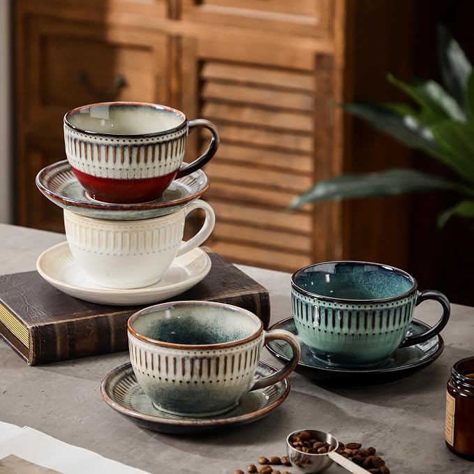 10Oz ceramic coffee cup and saucer sets, elegant striped pattern, unique kiln - Image 3