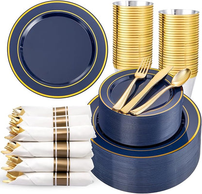 350PCS Navy Blue and Gold Plastic Plates by WDF