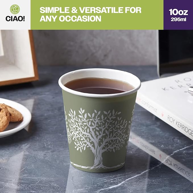 CIAO! 10oz Paper Hot Cup, Rooted Olive Print - Image 3