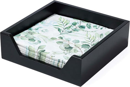 Napkin Holder for Table, 7.36" x 7.36" x 2.16" Wooden Napkin Dispenser with Side Large Opening for Paper Napkins, Modern Style Square Napkin Holder, Home Kitchen Dining Tabletop Decor, Black