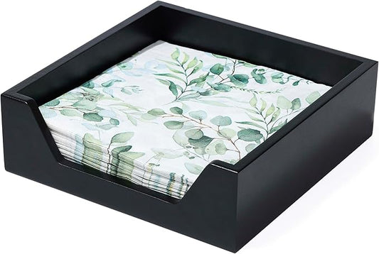 Napkin Holder for Table, 7.36" x 7.36" x 2.16" Wooden Napkin Dispenser with Side Large Opening for Paper Napkins, Modern Style Square Napkin Holder, Home Kitchen Dining Tabletop Decor, Black