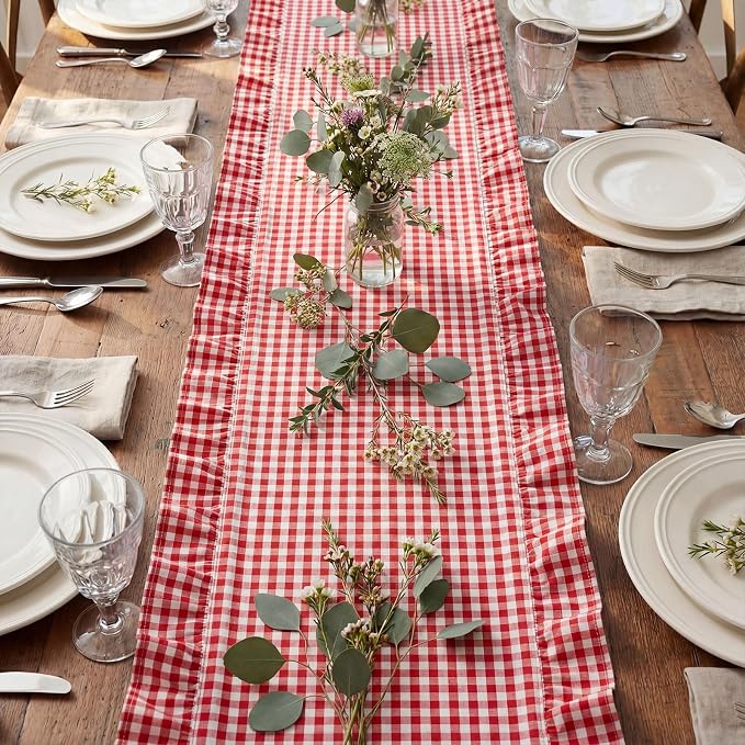 HunnmingRe 1 Pc Gingham Table Runner Red, 118 X 13.8 Inch | Cotton Dresser Scarf - Image 6