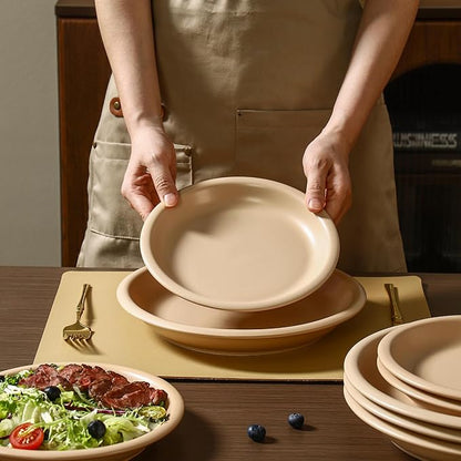 GZG 8 Inch Ceramic Dinner Salad Plates Set of 4, Rustic Matte Glaze Stoneware Dinnerware Set, Microwave & Dishwasher Safe, for Salad, Dessert, Appetizer, Everyday Use(Warm Sand)
