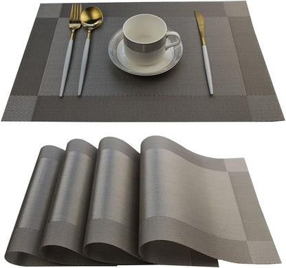 Placemats Set of 4 Washable Easy to Clean Woven Vinyl Placemats for Kitchen Table Woven Table placemats Mats 12x18 inches (Grey)