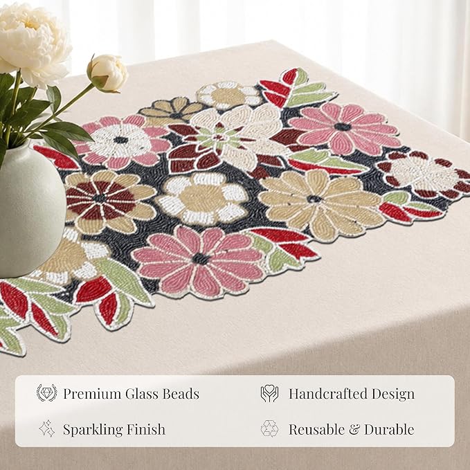 Floral Beaded Table Runner, 13x36 | Handcrafted glass beads, polyester backing - Image 8