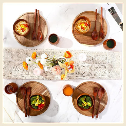 20 Pcs Acacia Wood Dinnerware Set 10 Inch Round Wooden Plates Bowls Tea Cups - Image 6