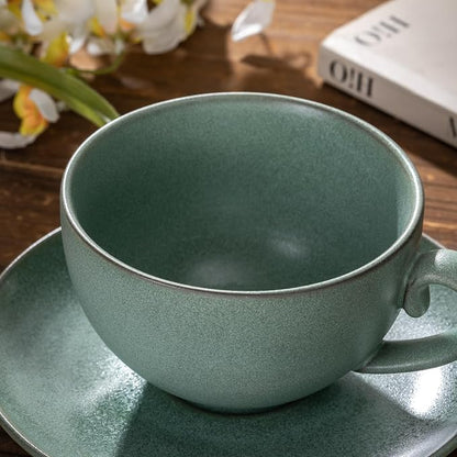 Cup and Saucer Set Turquoise Ceramic Cappuccino Mug Set of 1-10 oz Microwave - Image 3