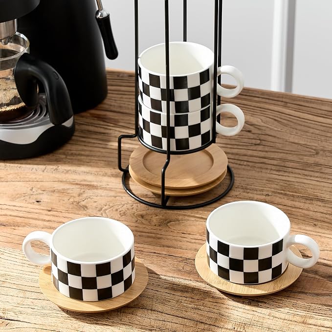 LUKA 6 Ounce Ceramic Stackable Black and White Checkered Espresso Cups - Image 6