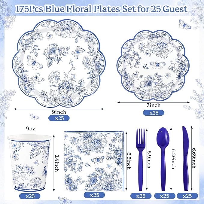 NatNarr Blue Floral Party Supplies Set - Image 2