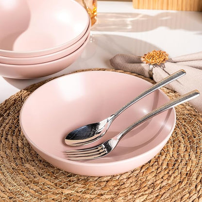 AmorArc 8.75‘’ Large Pasta Bowls, 42 ounce Deep Stoneware Bowls Set of 4 for Kitchen, Wide Bowl for Pasta/Salad/Fruit/Oatmeal/Soup, Microwave&Dishwasher Safe-Matte Pink