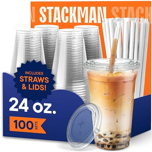 Stack Man Clear Plastic Cups - 24 oz - 100 Sets | Jumbo Disposable Smoothie & by StackMan