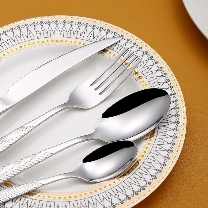 Modern Silverware Hammered 20 Piece Stainless Steel Flatware Set - Image 6