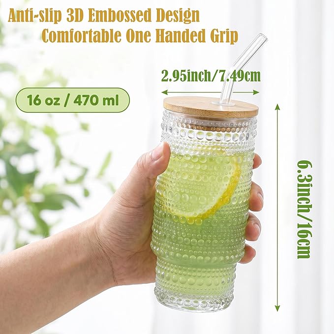 Glass Cups with Lids and Straws 16 oz Ribbed Drinking Glasses Set | Vintage - Image 5