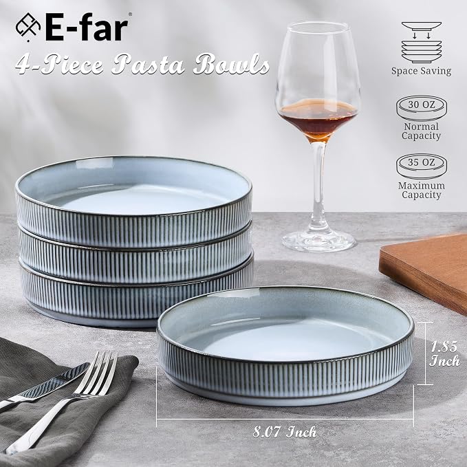 E-far Pasta Bowls Set of 4, 35oz Large Salad Bowl Plate - Image 2