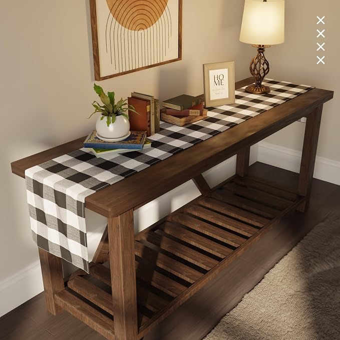 Encasa XO Table Runner, Woven Cotton Dining Runner 13"x104" Buffalo Black Checks - Image 2