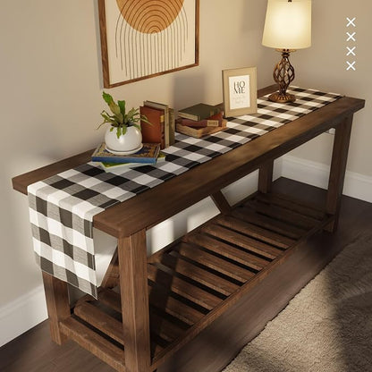 Encasa XO Table Runner, Woven Cotton Dining Runner 13"x104" Buffalo Black Checks - Image 2