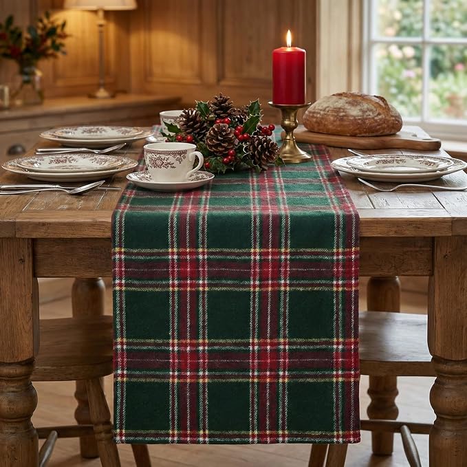 Artoid Mode Green Red Farmhouse Plaid Christmas Table Runner, Winter Rustic - Image 2