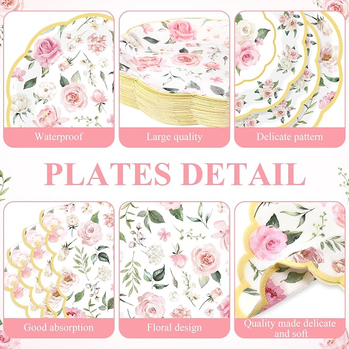 Funnymoom 250 Pcs Floral Party Decorations Flower Paper Plates Napkins and Cups - Image 2