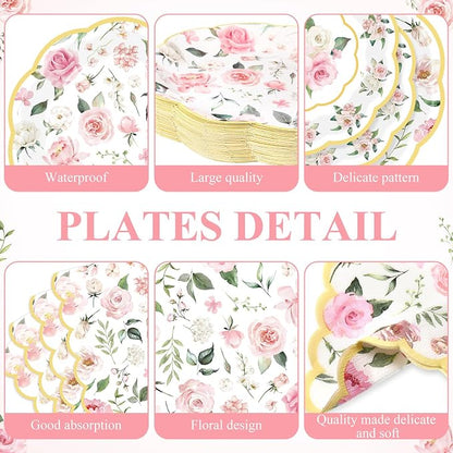 Funnymoom 250 Pcs Floral Party Decorations Flower Paper Plates Napkins and Cups - Image 2