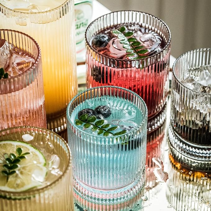 KEMORELA Ribbed Glass Cups Set, 13oz Vintage Drinking Glassware Set of 4 - Image 2