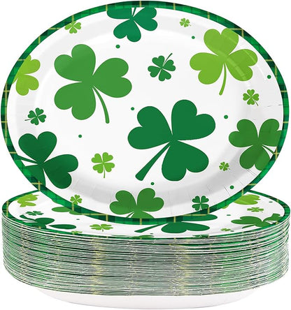 50Pcs St. Patrick’s Day Oval Paper Plates 10" x 12" Large Heavy Duty Disposable Spring Green Irish Shamrock Dessert Platters Lucky Clover Plates for Summer Holiday Festival Party Supplies Decoration