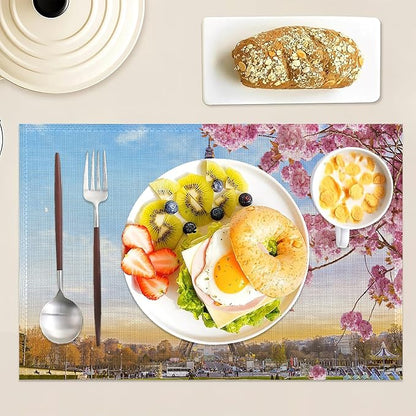 Eiffel Tower Placemats Set of 6 Linen Washable, Heat-Resistant 12x18 Inch Cherry Blossoms Table Place Mats for Kitchen Dining for Home Party Holidays