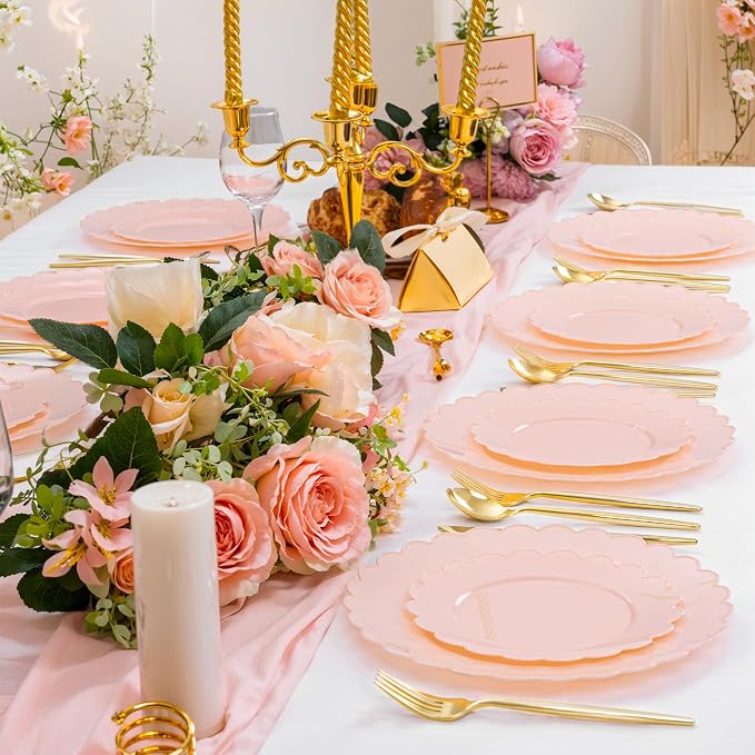 100Pcs Pink Plastic Plates Set for Party, Scalloped Fancy Plates | Heavy Duty - Image 5