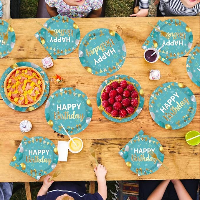 96Pcs Teal Blue Gold Birthday Party Decorations, Serves 24 | Teal Blue Gold - Image 8