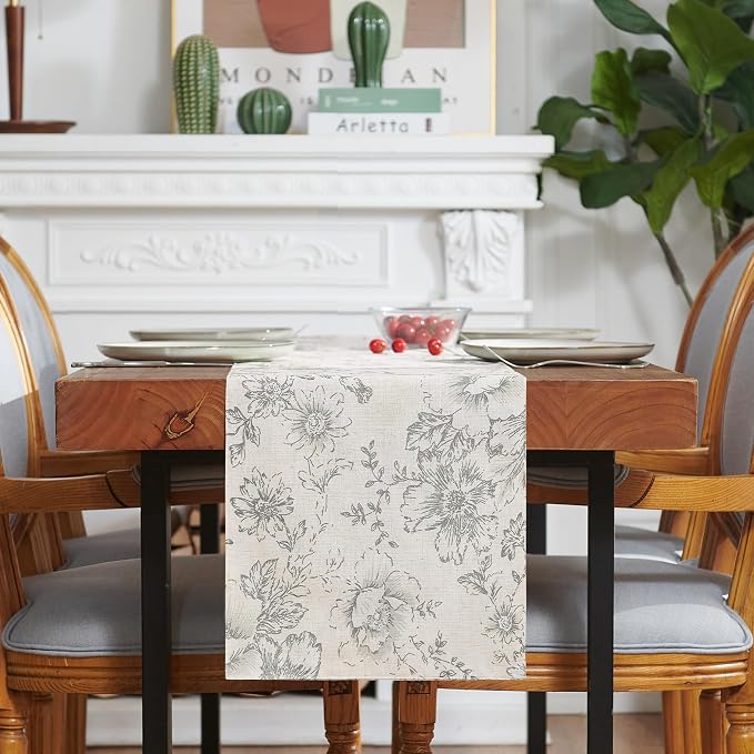 jinchan Grey Floral Linen Table Runner 13 x 108 Inch Farmhouse | Understated - Image 7
