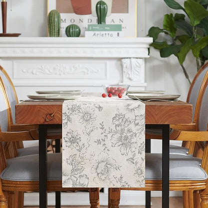 jinchan Grey Floral Linen Table Runner 13 x 108 Inch Farmhouse | Understated - Image 7