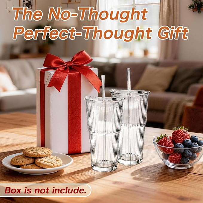 20oz Glass Tumblers with Lids and Straws, Ribbed Glassware - Image 6
