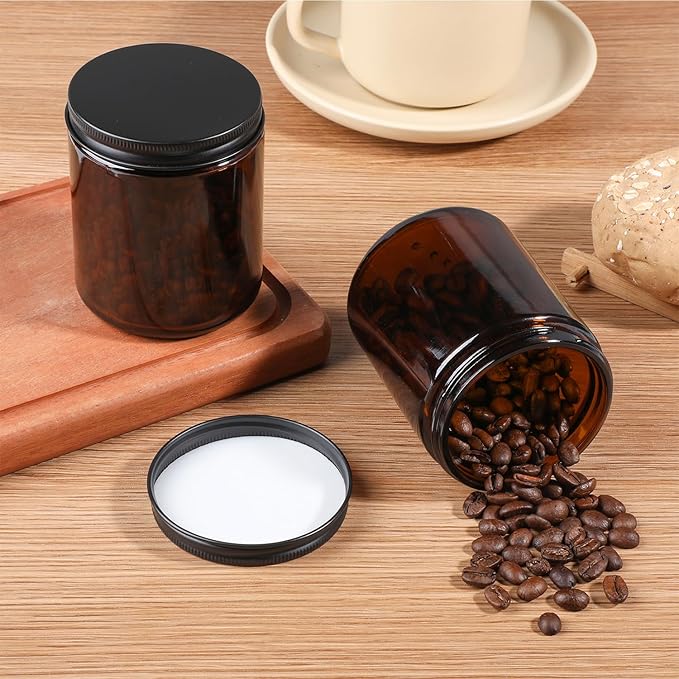 Goiio 24 Pack Amber Glass Jars, 8 Oz Thick Amber Round Glass Jars, with Black Metal Lids, for Spice, Liquid, Sample, Leakproof and Dishwasher Safe