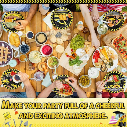 60 Pcs Construction Birthday Party Decor 7 Inch Construction Cake Dessert Paper Plates Dump Truck Digger Vehicle Excavator Disposable Black and Yellow Tableware for Boys Baby Shower Supplies