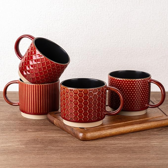 GBhome 15 OZ Stackable Coffee Mugs Set of 4, Ceramic Coffee Cups Set | 4 by GBhome