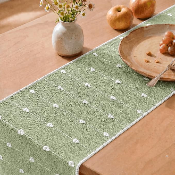 Artoid Mode Sage Green Farbic Rustic Cotton Woven Table Runner, Farmhouse - Image 7