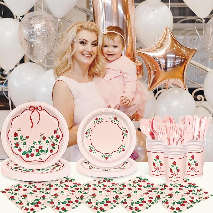 168pcs Strawberry Paper Plates Napkins Strawberry Party Supplies Serve 24 | - Image 6