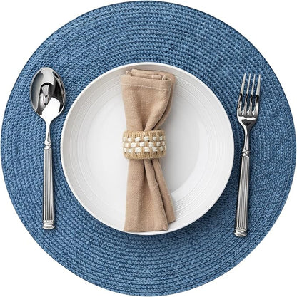 Round Placemats Set of 12 Plastic Woven Placemats Washable Wipeable Table Mats for Dining Table Heat Resistant Non-Slip Circle Place Mats (Royal Blue)
