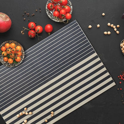Placemats Set of 4 Vinyl Washable Navy Blue Placemats, 18"x12" Wipeable Heat-Resistant Non-Slip Easy Clean Table Mats Ideal for Dining Table Table Runner and Outdoor (4, Dark Blue Stripe)