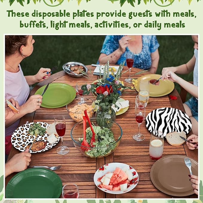 60 Pcs 7 Inch Jungle Safari Paper Plates Forest Animal Plates Decorations Sage Green Brown Dessert Dish Disposable Tableware for Woodland Baby Shower Birthday Safari Themed Party Supplies