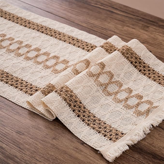 Boho Table Runner with Tassels 12 x 120 Inches Long, Cream & Brown Rustic - Image 6