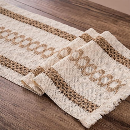 Boho Table Runner with Tassels 12 x 120 Inches Long, Cream & Brown Rustic - Image 6