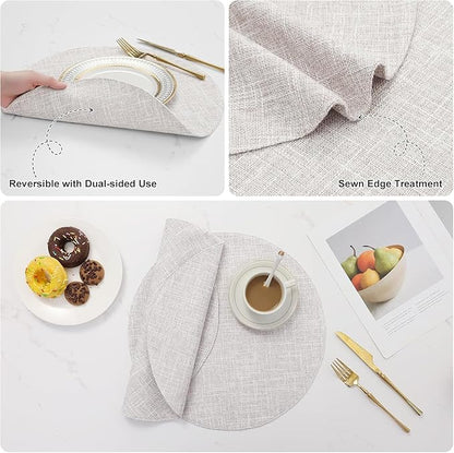 homing 15 Inch Round Cloth Placemats Set of 4, Cotton Linen Blend Washable Table Mats, Farmhouse Dining Place Mats for Indoors & Outdoors, Easy to Clean, Beige