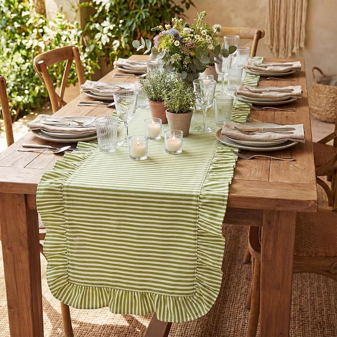 HunnmingRe Ruffle Trim Boho Table Runner Farmhouse Rustic Stripes Scalloped - Image 6