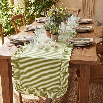 HunnmingRe Ruffle Trim Boho Table Runner Farmhouse Rustic Stripes Scalloped - Image 6