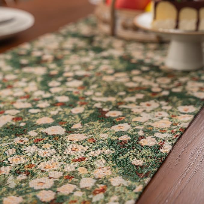Ditsy Floral Table Runner Daisy Green 13 x 94 Inch | Jacquard Weave Pattern - Image 5